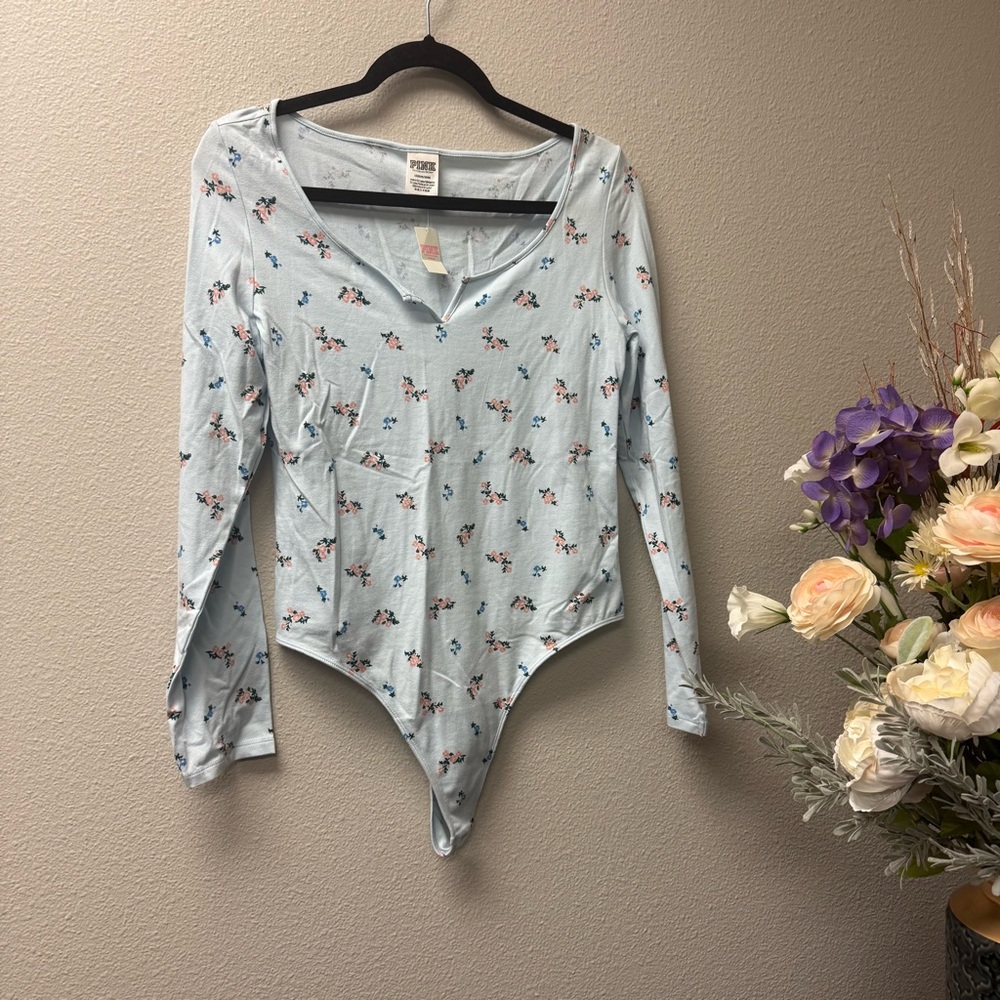 NWT Victoria’s Secret PINK Floral Long Sleeve Bodysuit Blue Size L Stretchy